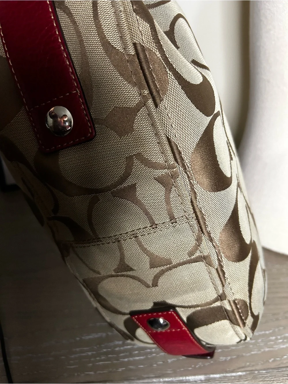 Coach Zoe Signature C Hobo Shoulder Bag  Khaki Jacquard Red Leather Trim